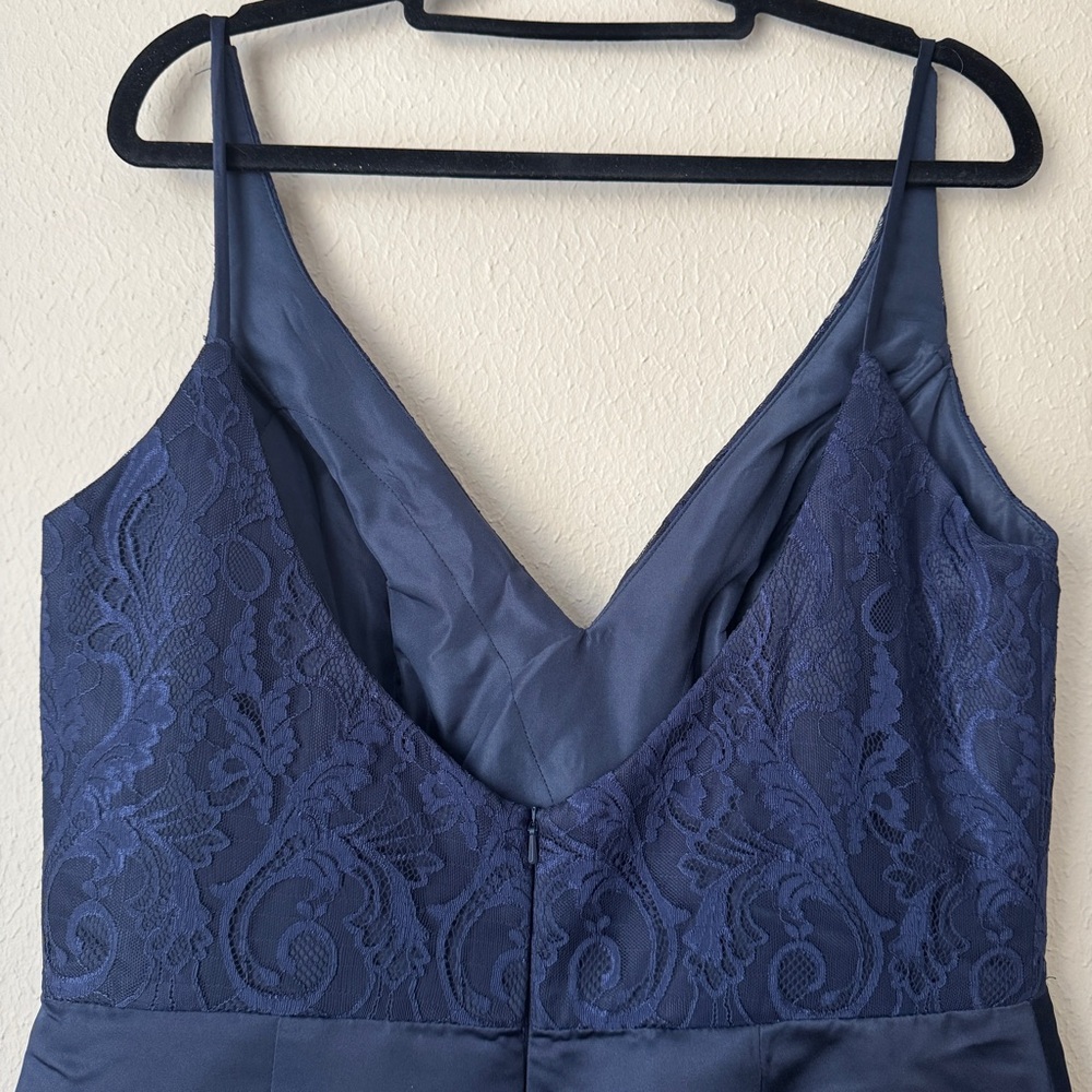Hayley Paige Occasions V-Neck Blue Satin Lace Sleeveless Maxi Mermaid Dress 14 - Picture 5 of 16